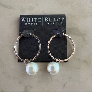 White House Black Market Twisted Silver Pearl Hoop Earrings